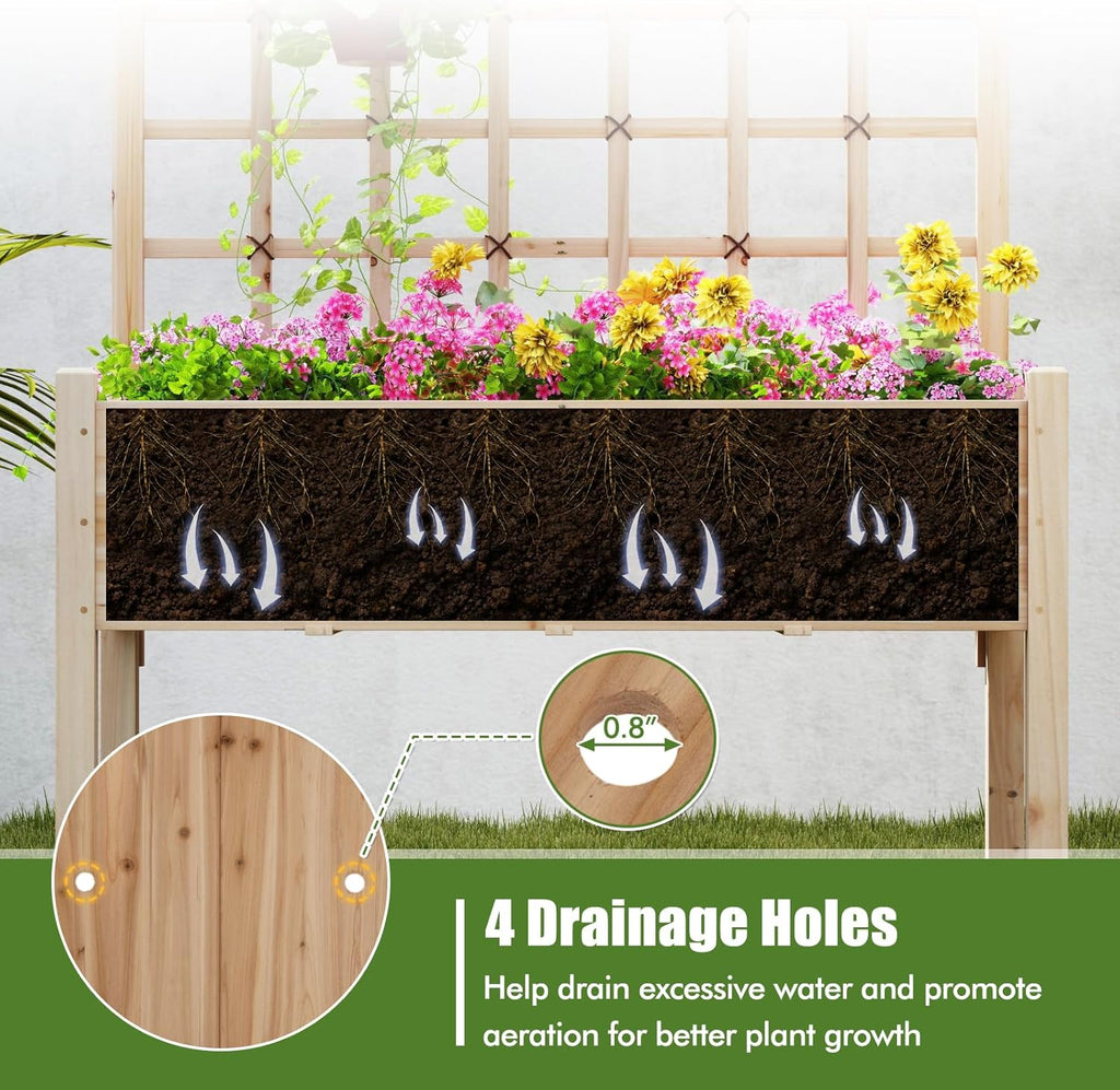 HAPPYGRILL Raised Garden Bed with Lattice Trellis, 4 Drainage Holes, Wooden Elevated Planter Box with Legs for Climbing Vine, Hanging Small Flower Baskets, Outdoor Gardening Planter for Patio Balcony