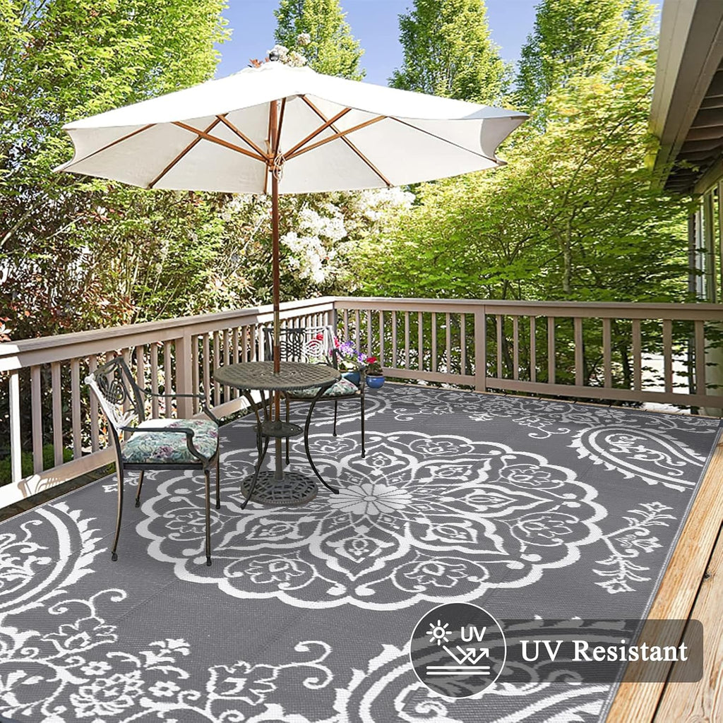 Pauwer Waterproof Outdoor Rug 8x10, Reversible Plastic Straw Patio Camping Rug, Indoor Outdoor RV Mat Carpet for Deck, Camper, Porch, Balcony, Backyard, Picnic, Boho Grey