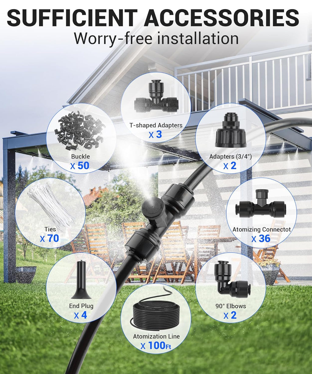 100FT Misters for Outside Patio Misters for Cooling (36 Mist Nozzles) Outdoor Water Patio Hose Greenhouse Mister System Outside Mist Backyard Trampoline for Waterpark Watering Misters for Cooling