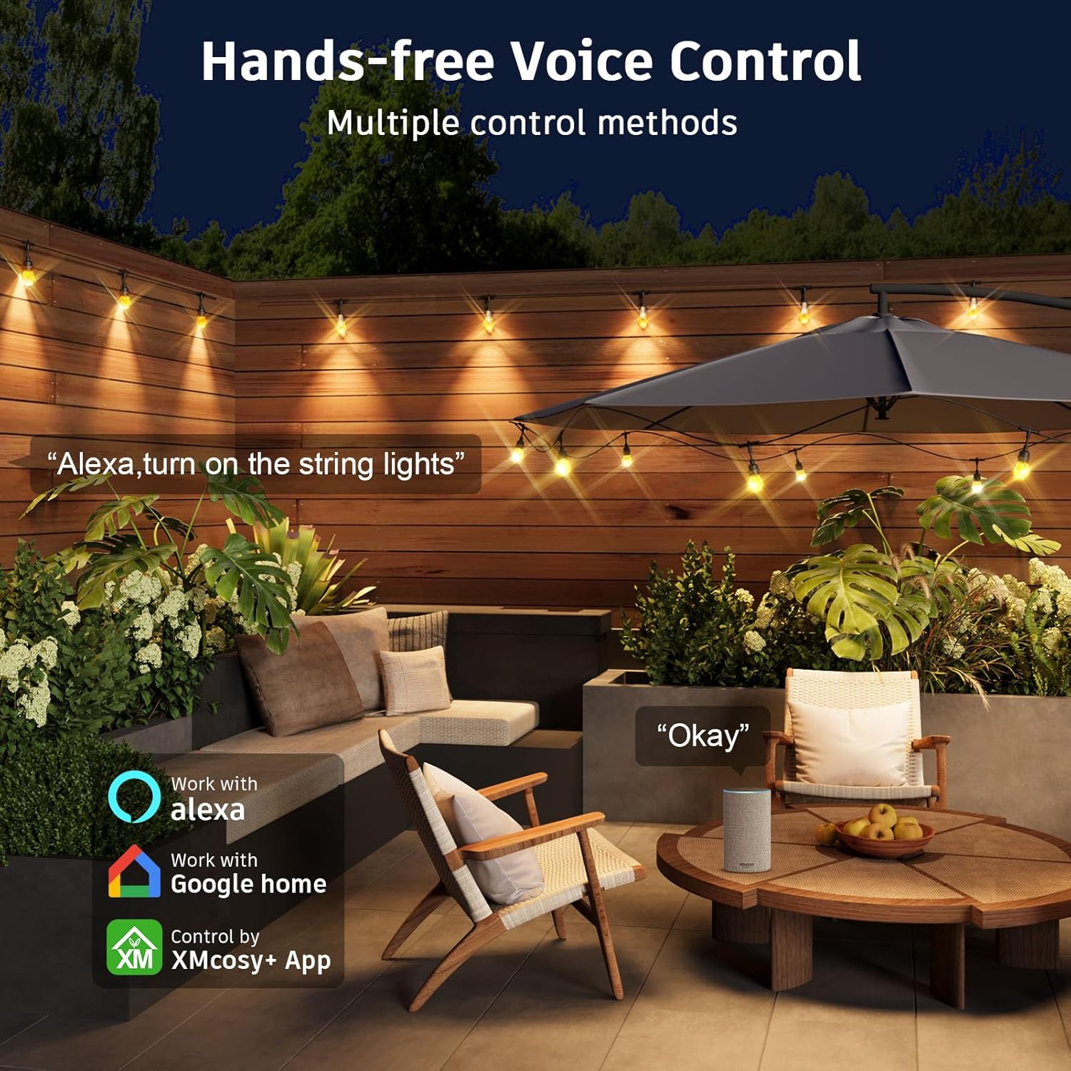 XMCOSY+ Smart Outdoor String Lights - 123ft RGBCWIC Patio Lights with 40 Color Changing Bulbs, LED String Light for Outside Backyard Bistro Party, APP WiFi Control, Work with Alexa, IP65 Waterproof