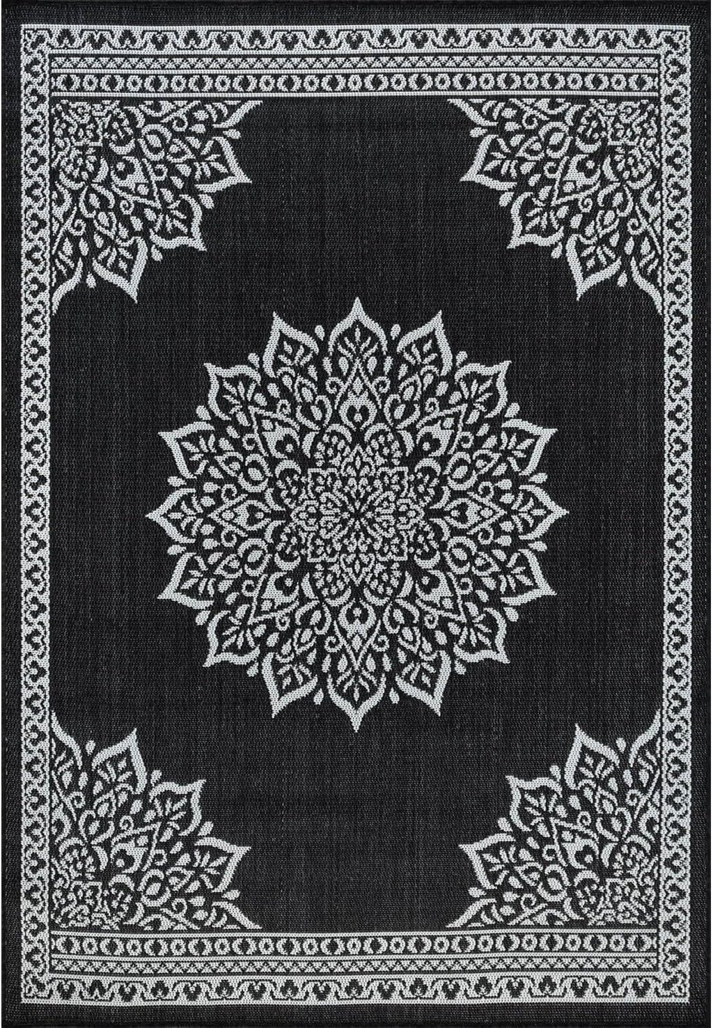 CAMILSON Outdoor Rug, 9x12 Medallion Black White Modern Area Rugs for Large Indoor and Outdoor Patios, Kitchen and Hallway Mats, Washable Porch Deck Outside Carpet (Medallion Black, 9 x 12)