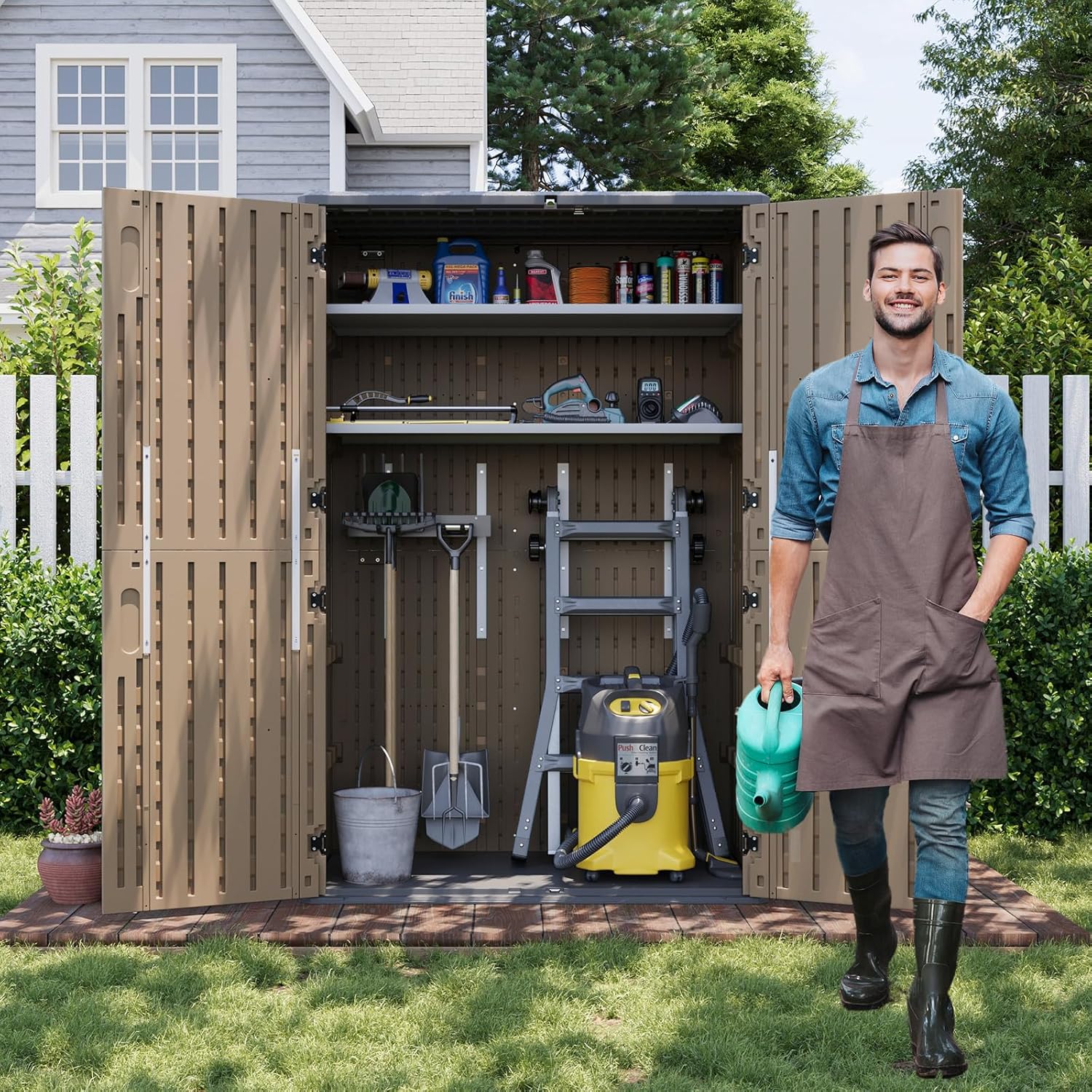 Aoxun Outdoor Storage Shed with 2 Shelves & Floor, 64 Cu.Ft Large Outdoor Storage Cabinet, Waterproof Vertical Resin Shed for Garden Tools, Pool Equipment, Brown