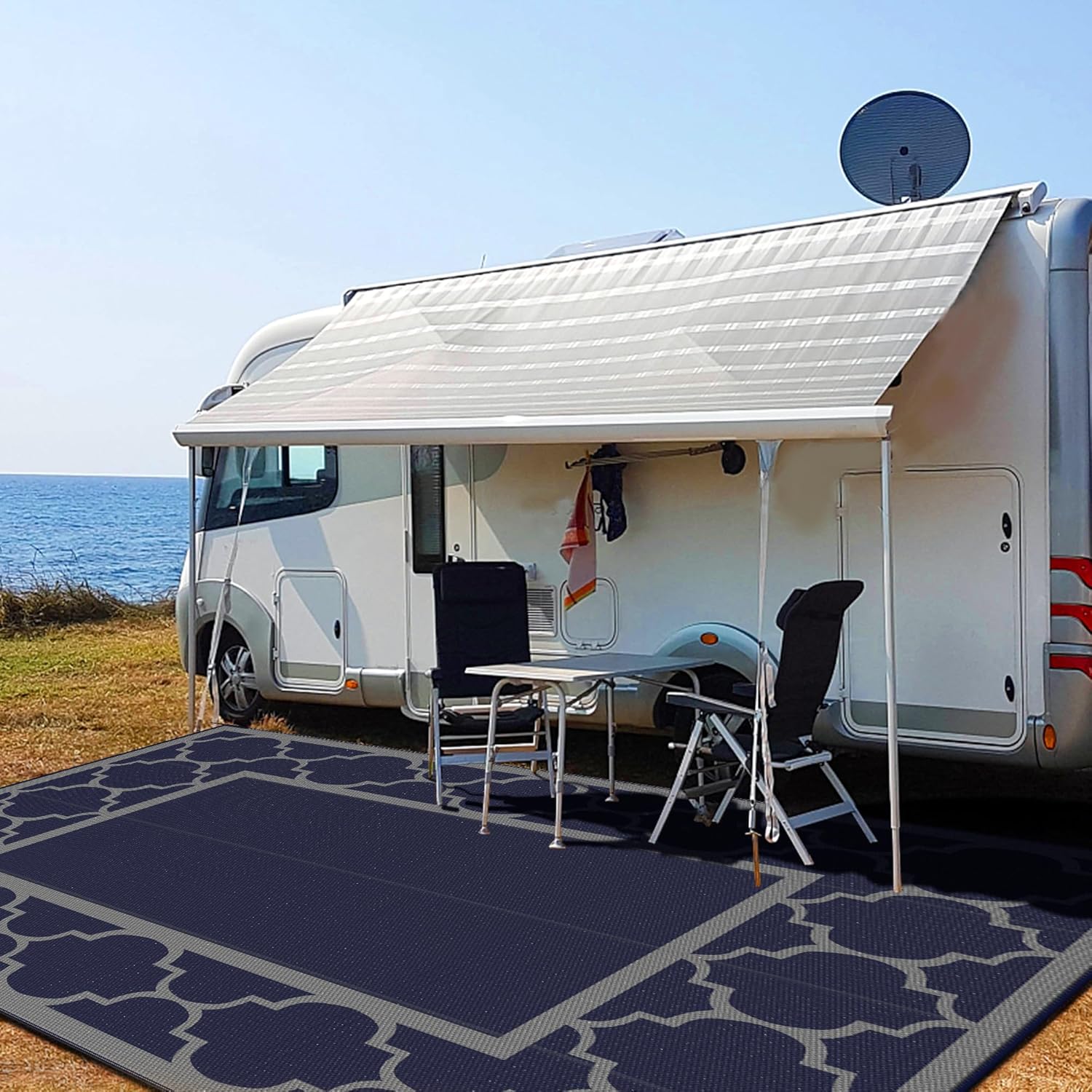 GENIMO 10 ' x 14 ' Outdoor Rug Waterproof for Patio Decor, Foldable Reversible Plastic Straw Area Rugs Mat for Camper, Outside Carpet for Rv, Deck, Porch, Picnic, Beach, Balcony, Blue & Grey