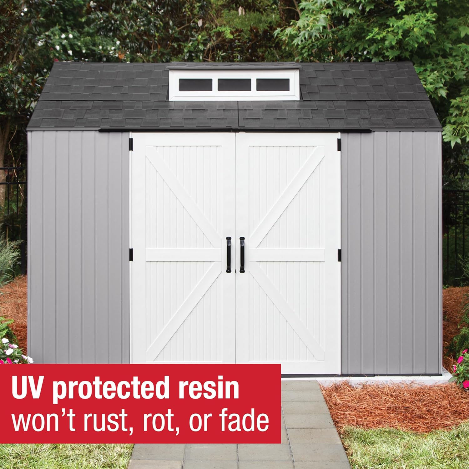 Rubbermaid Extra Large Resin Outdoor Storage Shed With Floor (7 x 10 Ft.), Weather Resistant, Brown, Organization for Home/Lawn Mower/Backyard Equipment/Bike Storage/Pool Supplies