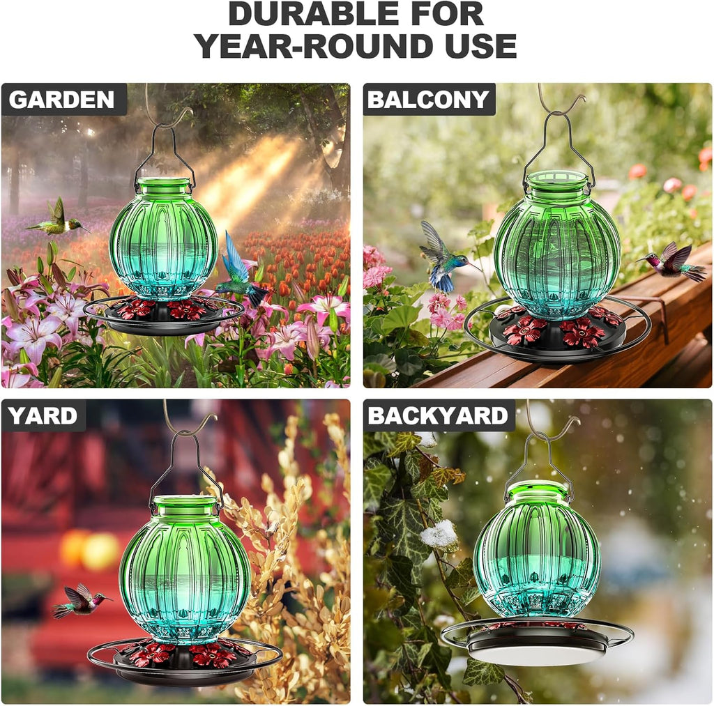 Glass Hummingbird Feeder for Outdoors Hanging, Bird Nectar Feeder with Perch & 5 Flower Feeding Ports, 26 Oz Leak Proof for Outside Garden Decor Backyard, Gifts for Women Mom, Green & Blue