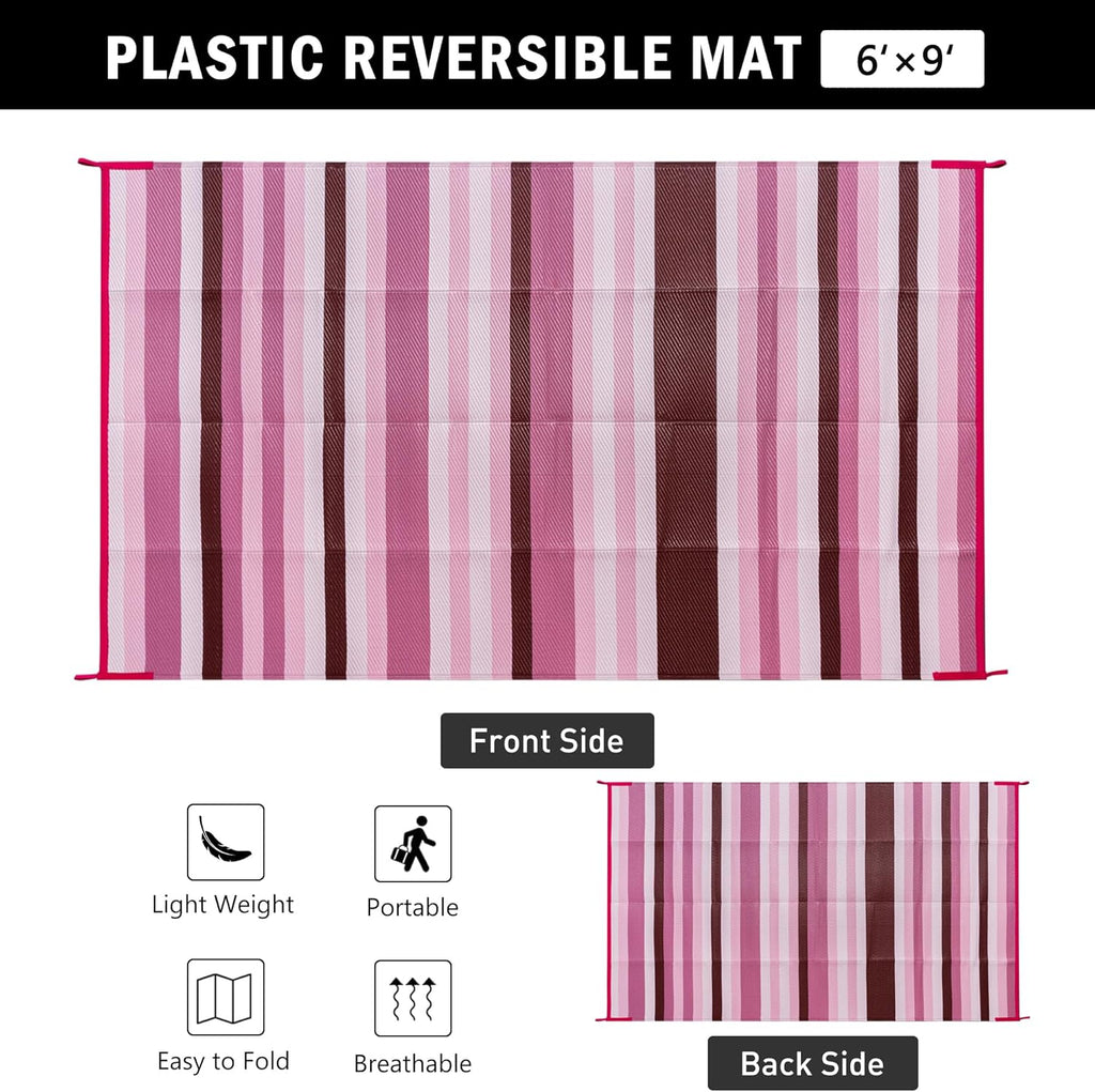 Outdoor Waterproof Rug 6'x9' Plastic Straw Rugs Washable Reversible Floor Mat Pink Stripe Carpet for Camping RV Deck Entryance Porch Picnic Balcony Beach Backyard