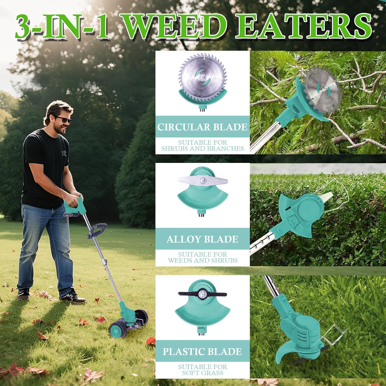 Weed Wacker Cordless Adjustable Weed Eaters 3 in 1 Electric String Trimmer Lawn with Two Battery with Charger Comes with Multiple Blades for Yard,Green,Garden(Sky Blue)
