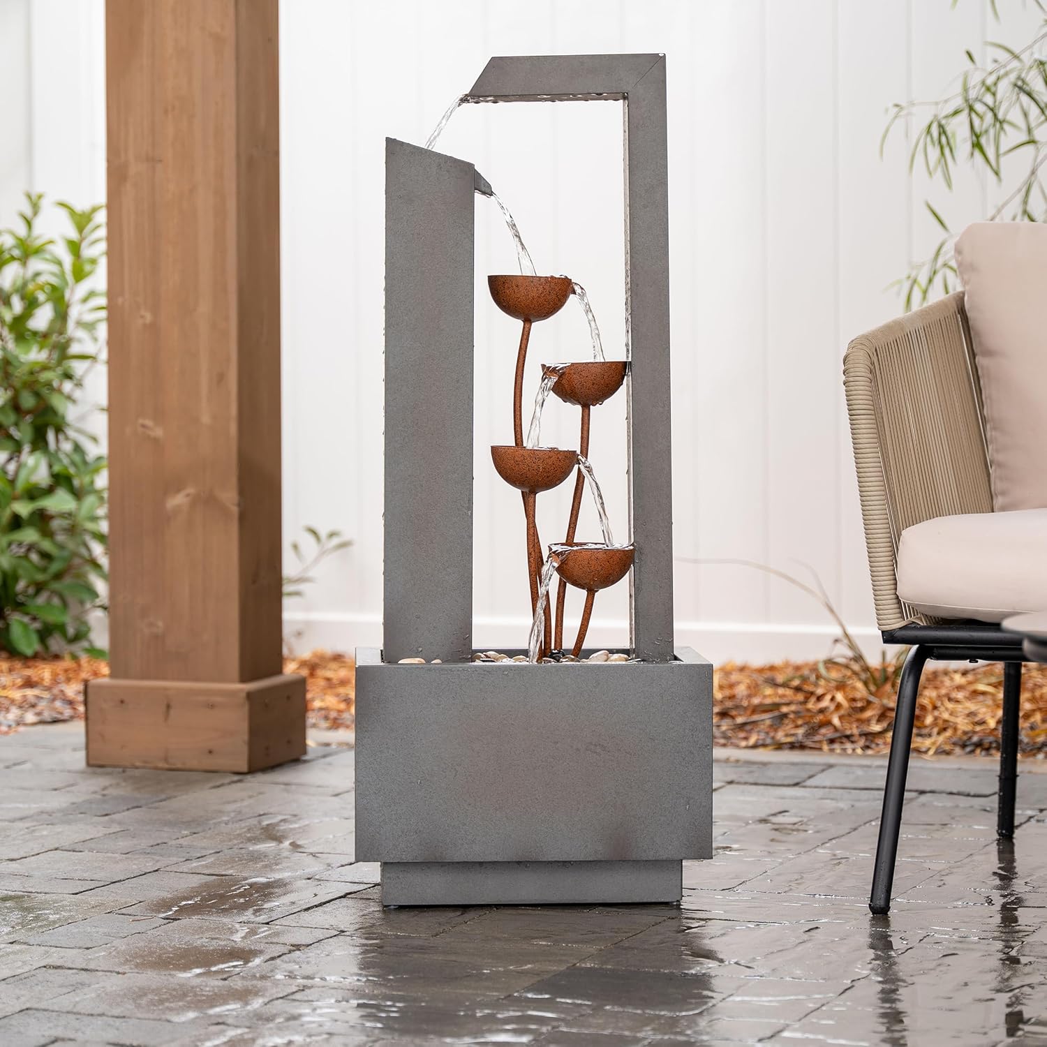 XBrand Sculptural Freestanding Metal Multi-Tiered Water Fountain w/Flowers, No LED Lights, Gray and Bronze, 38" Tall