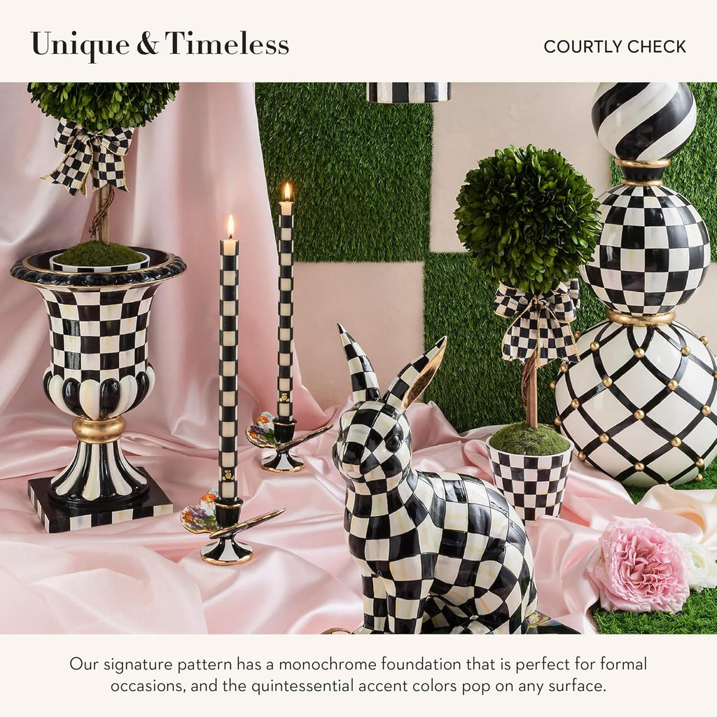MACKENZIE-CHILDS Pedestal Tabletop Urn, Decorative Centerpiece for Table, Mantel, or Shelf, Tall, Black-and-White Courtly Check