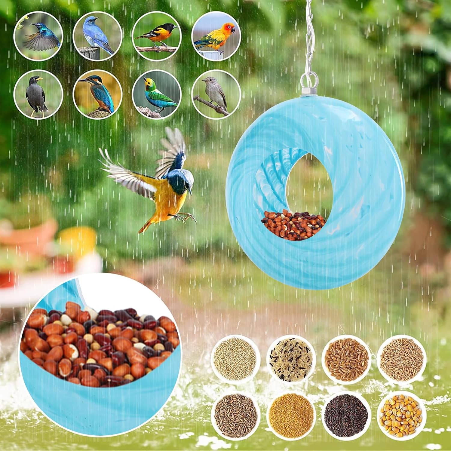 Bird Feeder Fly Through Bird Feeders for Outside Hanging with Round Shape Glass Container Solar Wild Birds Feeder for Garden Decor, 8-Inch (Cyan)