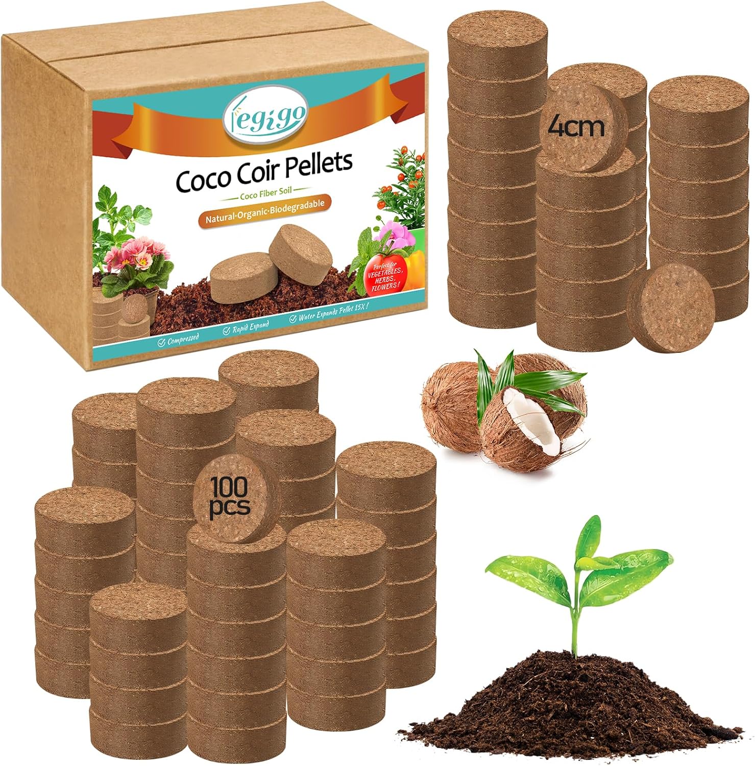 Legigo 100 Pcs 40mm Organic Coco Coir Pellets for Plants- Compressed Coconut Coir Potting Soil, Coco Fiber Pellets Coco Coir Soil for Planting, Garden, Bonsai, Herbs, Flower & Vegetables