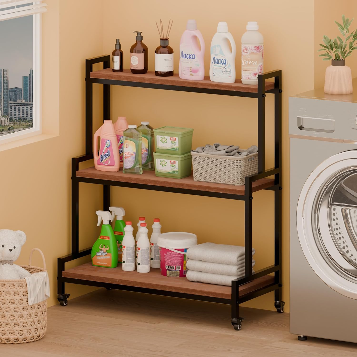 Rustic Plant Stand with Wheels 37“ H, Rolling Plant Shelves Rack Indoor Outdoor,Metal Plant Stand with Solid Wood for Multiple Plants,Industrial Ladder Plant Flower Shelf for Garden,Living Room,Brown