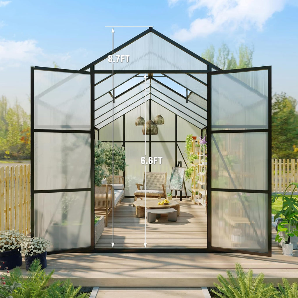 120*144*104in Greenhouse for Outdoors,Polycarbonate Greenhouse with Stronger Wind Protection and Roof Vent,Walk-in Large Aluminum Sunroom Winter Proof,Black