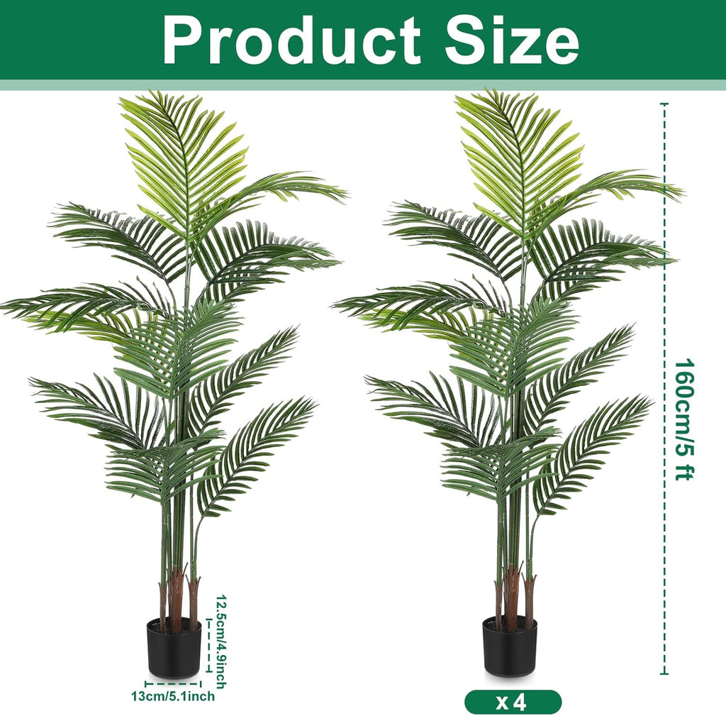 Jexine 4 Pack Artificial Palm Trees 5Ft, Fake Plants Fake Trees Artificial Areca Palm Plants for Outdoor Indoor Faux Palm Tree in Pot for Pool Home Decor Office Housewarming Gift Modern Decoration