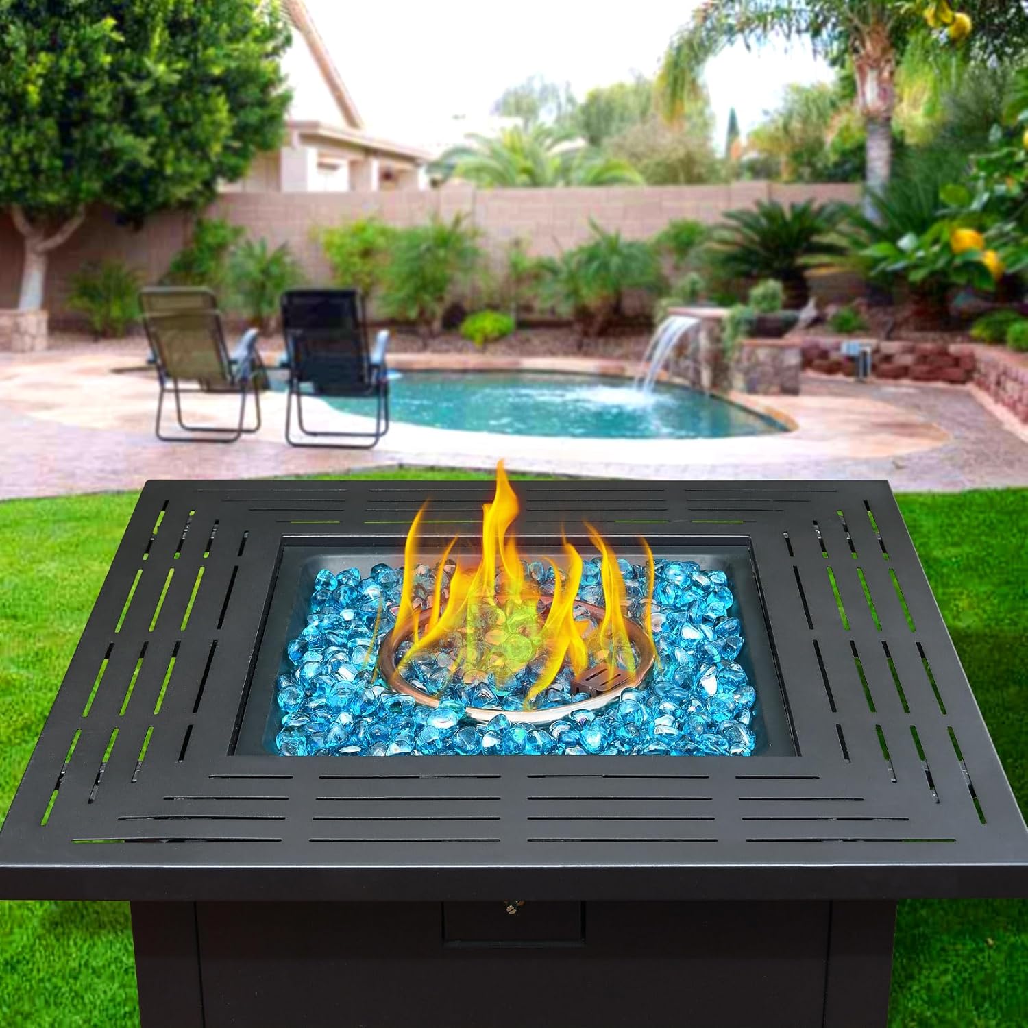 Fire Glass for Propane Firepit, Fireplace and Outdoor Decorative, Caribbean Blue Fire Pit Rocks 10LB, 1 Inch Diamond High Luster Glass Beads