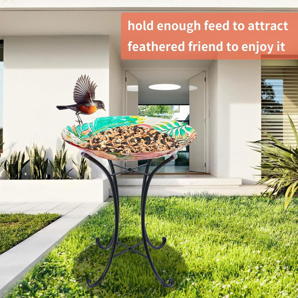 VCUTEKA 18" Outdoor Glass Birdbath with Sturdy Metal Stand for Lawn, Yard, or Garden Decor Bird Lovers Gift, Flamingo Bird Bath Detachable, 22" Height