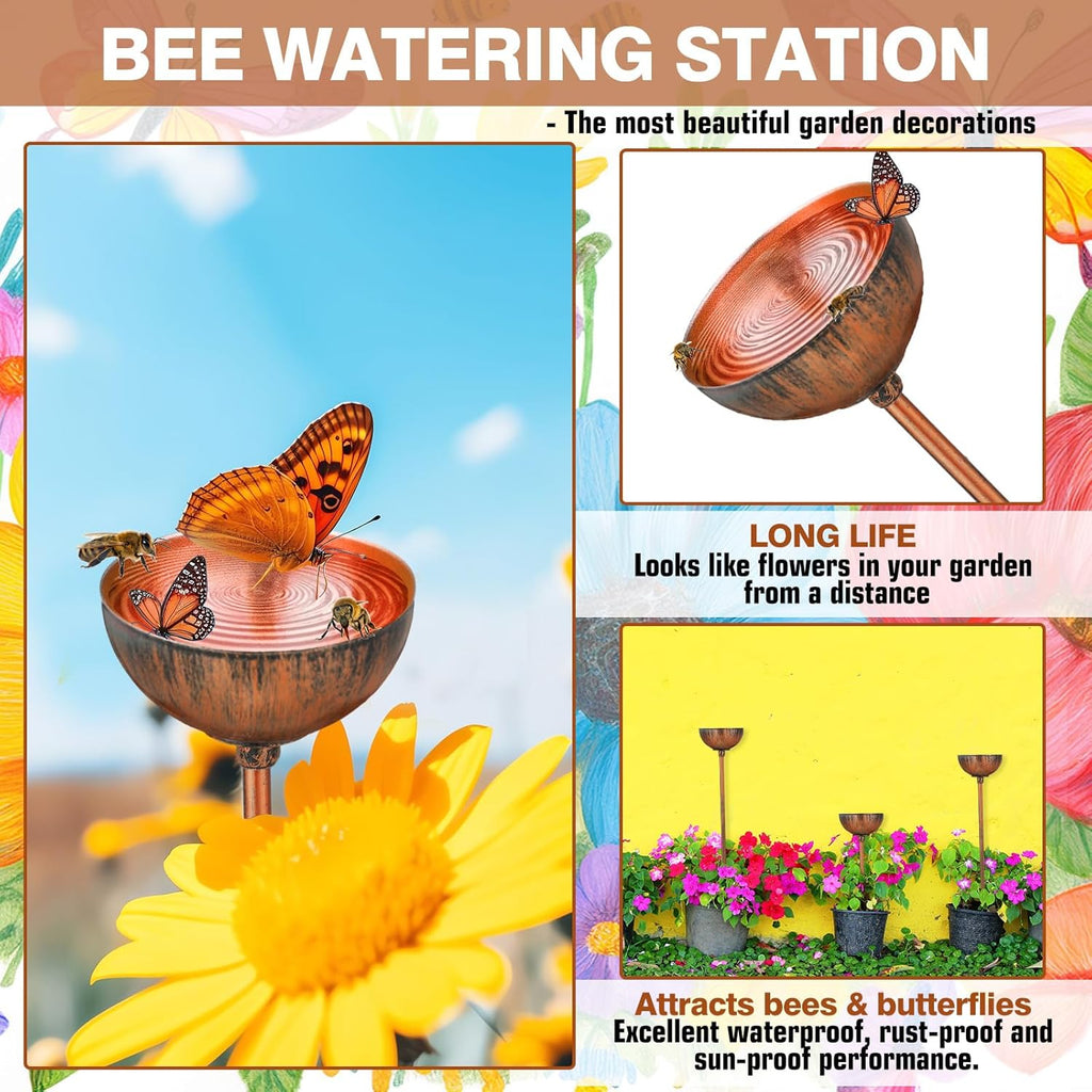 6 Pcs Bee Watering Station for Garden Bee Metal Watering Cups Butterfly Water Feeder Small Insects Bath Bowl Cups Metal Stakes for Outdoor Garden Decor, Copper