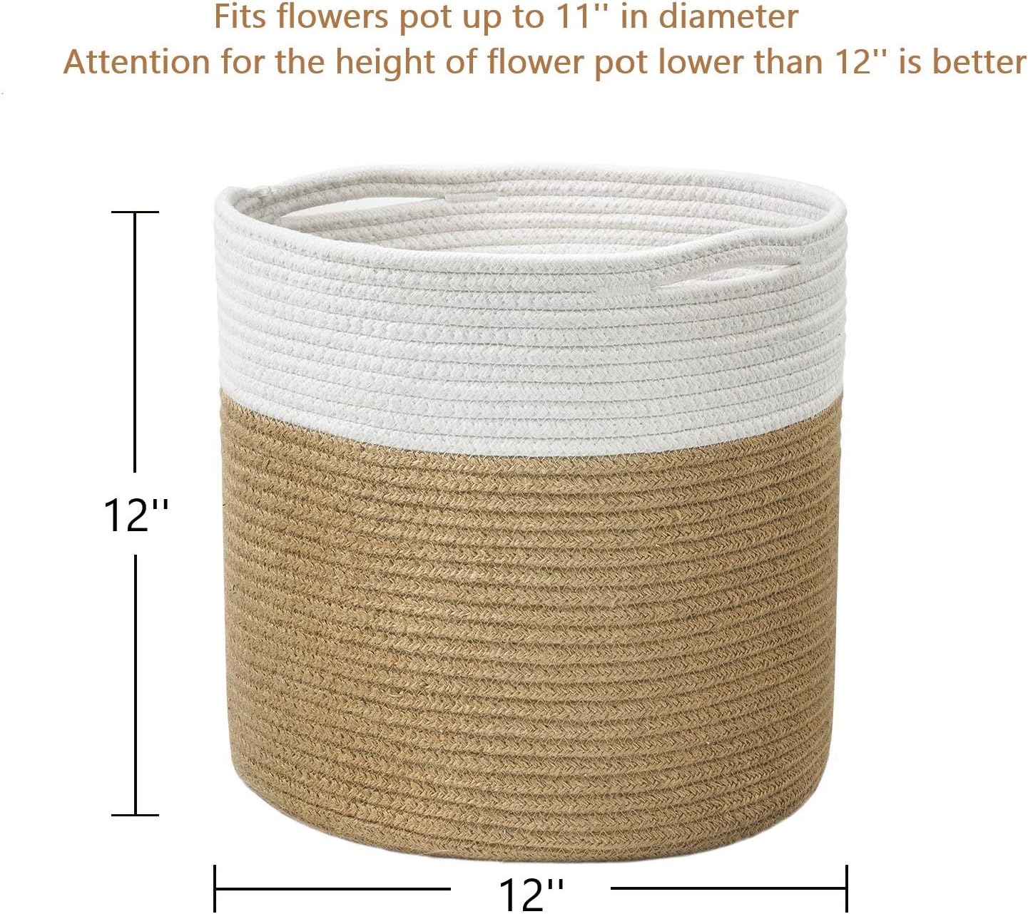 TIMEYARD Jute Rope Plant Basket Large Modern Woven Basket for 11'' Flower Pot Floor Indoor Planters, 12''x12'' Storage Baskets Rustic Home Decor White and Jute