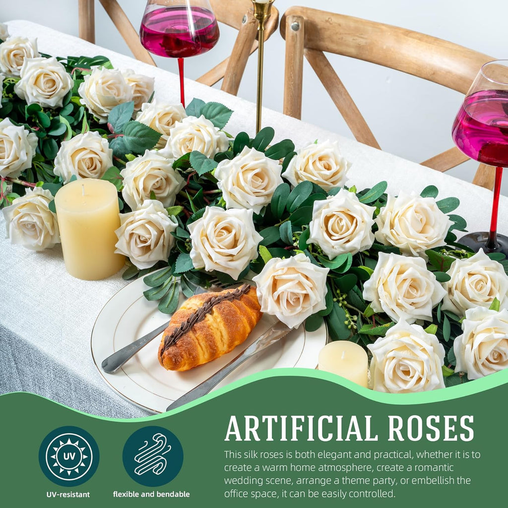 Fake Roses Faux Flowers 12PCS Silk Roses Artificial Roses with Stems Realistic Artificial Flowers Suitable for Indoor Home Decoration DIY Bouquet Wedding Decor Party Decor 16.5In (White)