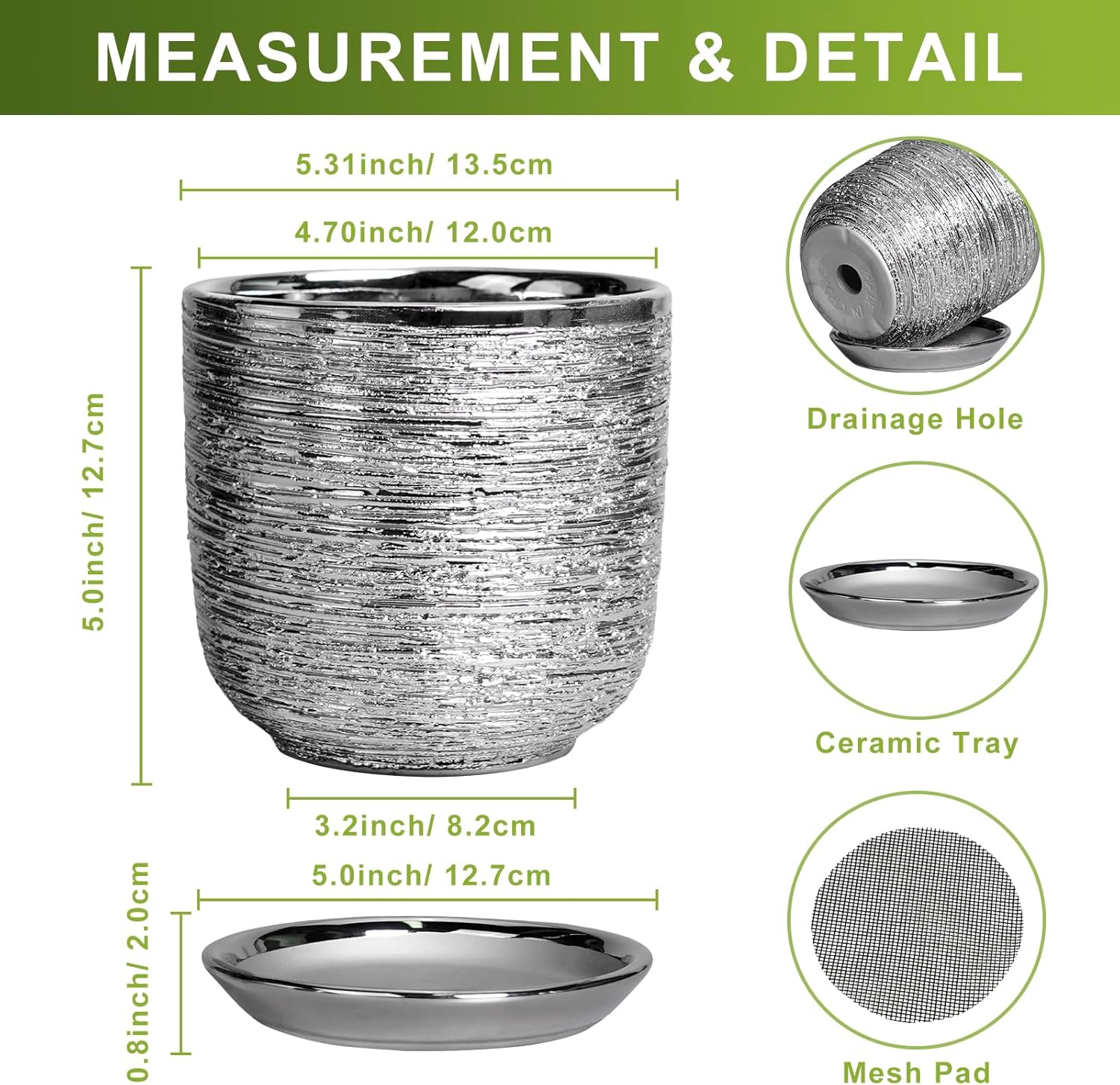 Ceramic Plant Pot 5 Inch - Indoor Planter with Drainage Hole and Saucer, Round Modern Flower Pot for Succulent Plants, Housewarming Gifts, Office Home Desk Decor, Silver