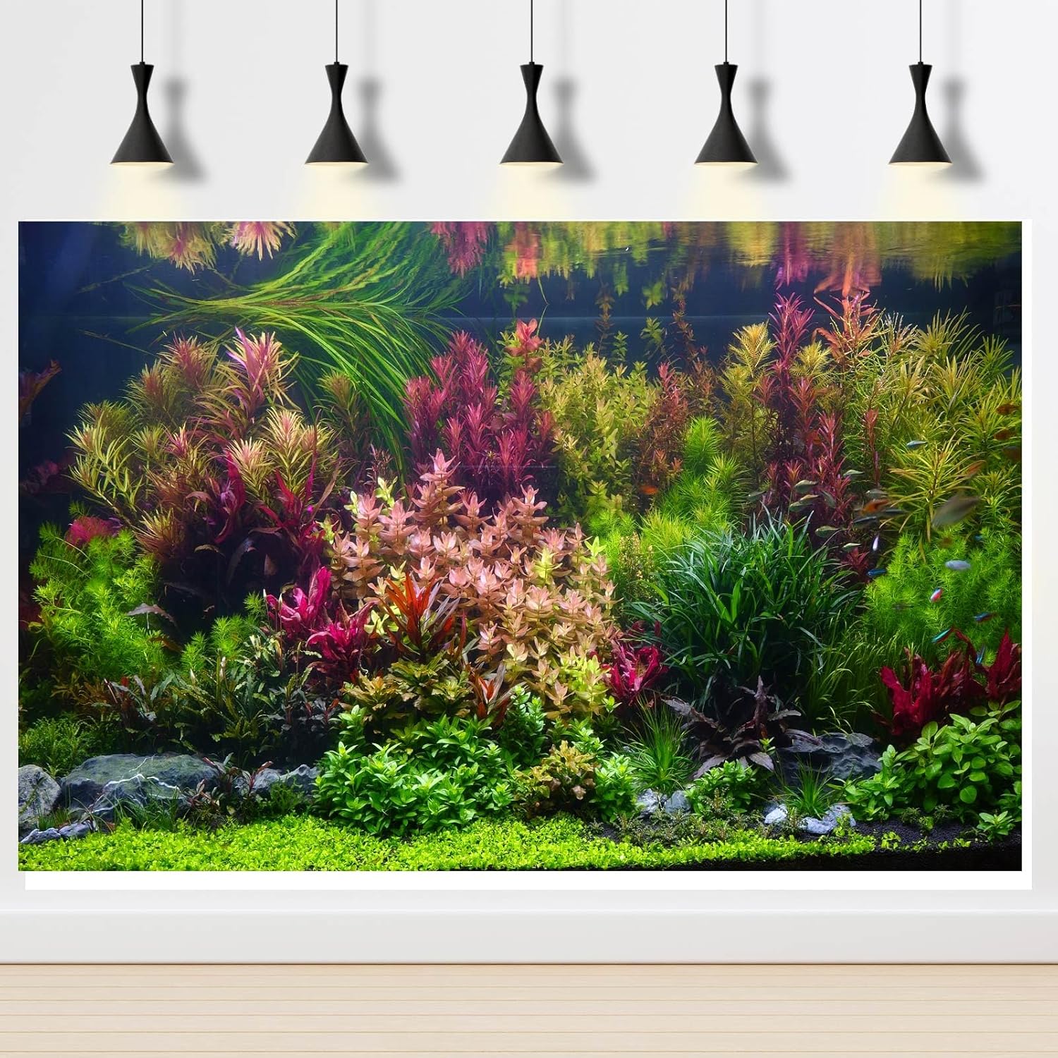 Aquarium Background Various Vivid Fresh Underwater Aquatic Plant Fish Tank Aquarium Backdrop Stone River Bed and Lake Fish Terrarium Background Decor Vinyl 30x18in