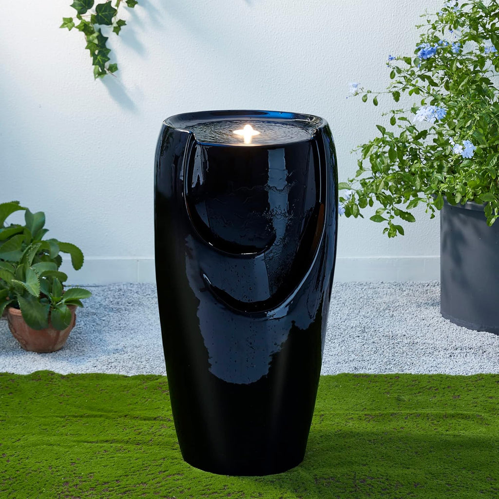 Glitzhome 29.25" H Oversized Ceramic Vase Outdoor Water Fountain Tall Patio Garden Water Fountain with LED Light and Submersible Pump Yard Art Decor, Black, 29.25”H