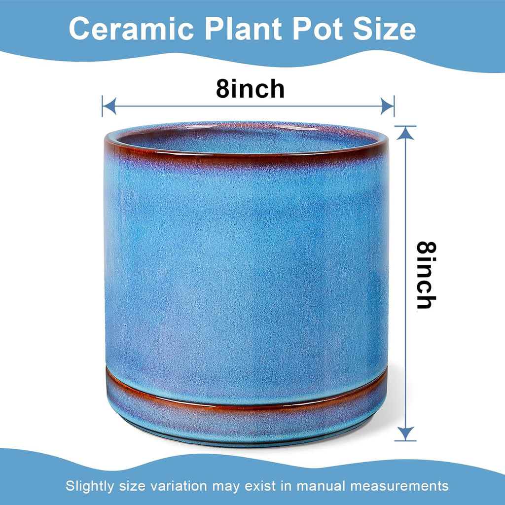 EFISPSS Ceramic Planter 8 Inch, Ceramic Plant Pots with Drainage Hole and Saucer, Indoor Modern Flower Pot for Home and Office Flower Pot - Blue