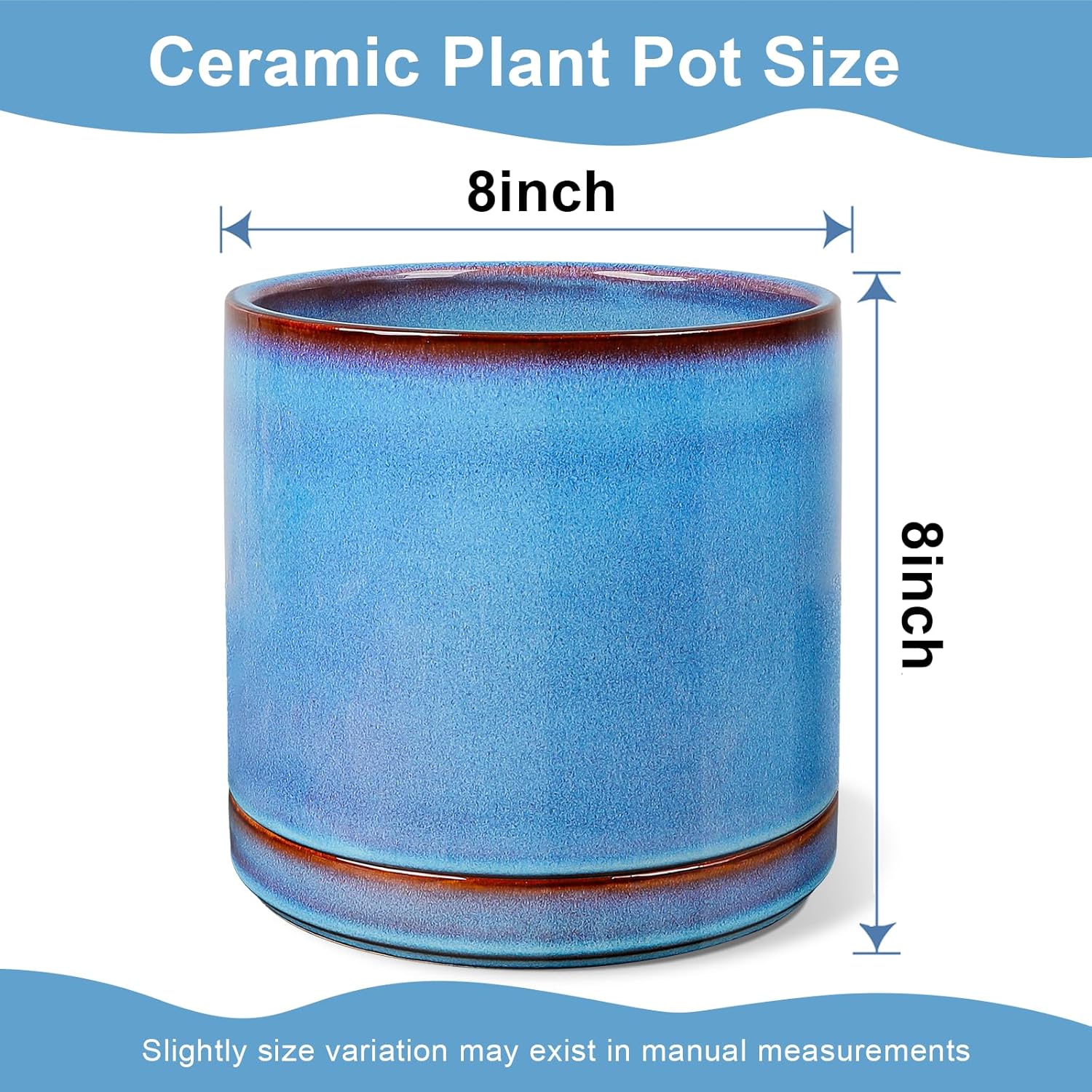 EFISPSS Ceramic Planter 8 Inch, Ceramic Plant Pots with Drainage Hole and Saucer, Indoor Modern Flower Pot for Home and Office Flower Pot - Blue