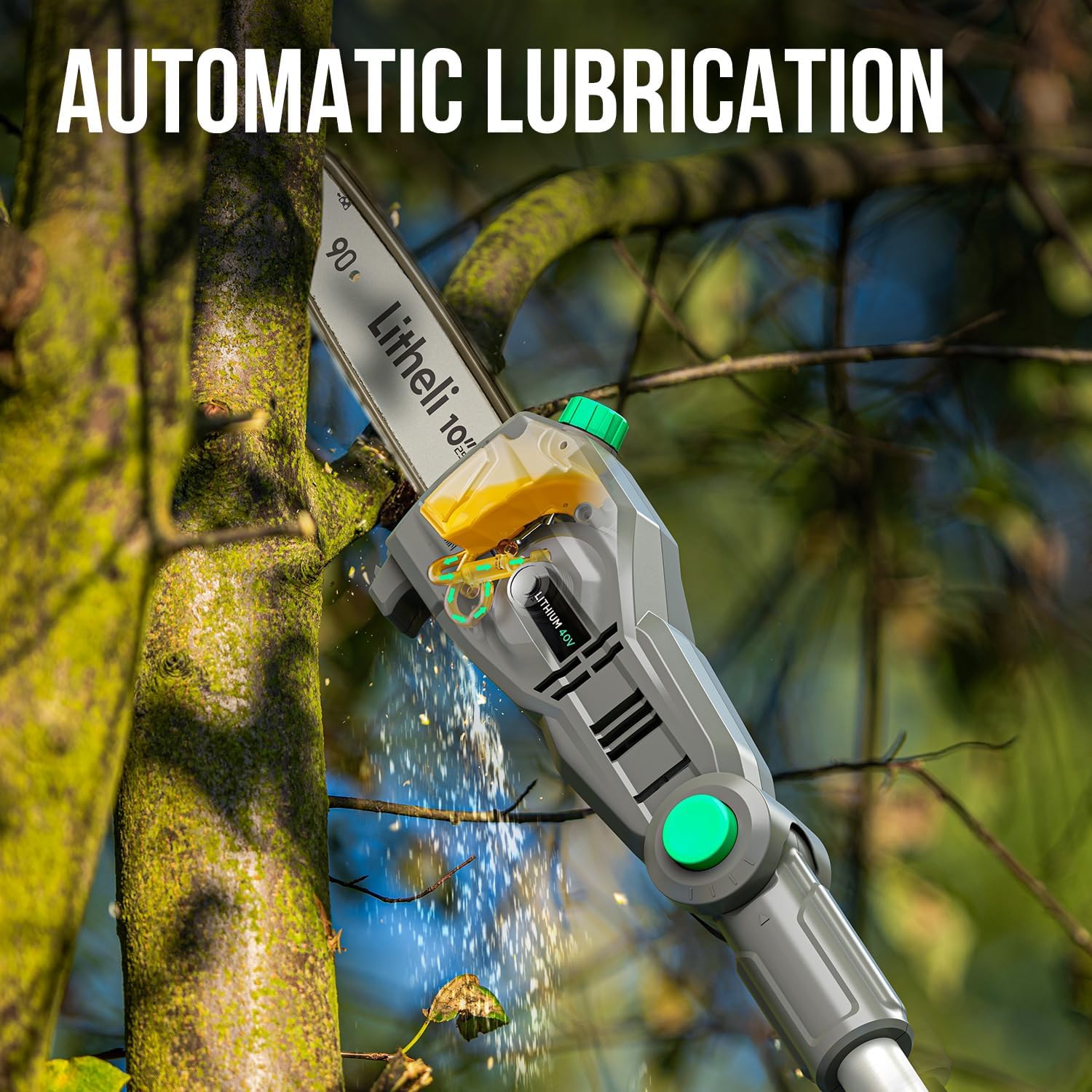 Litheli Cordless Pole Saw, 40V 2.5Ah Battery Pole Saws for Tree Trimming, 10-Inch Pole Saw Battery Powered 16ft/s Cutting Speed Auto Oiling Multi-Angle Electric Pole Chainsaw(Battery&Charger Included)