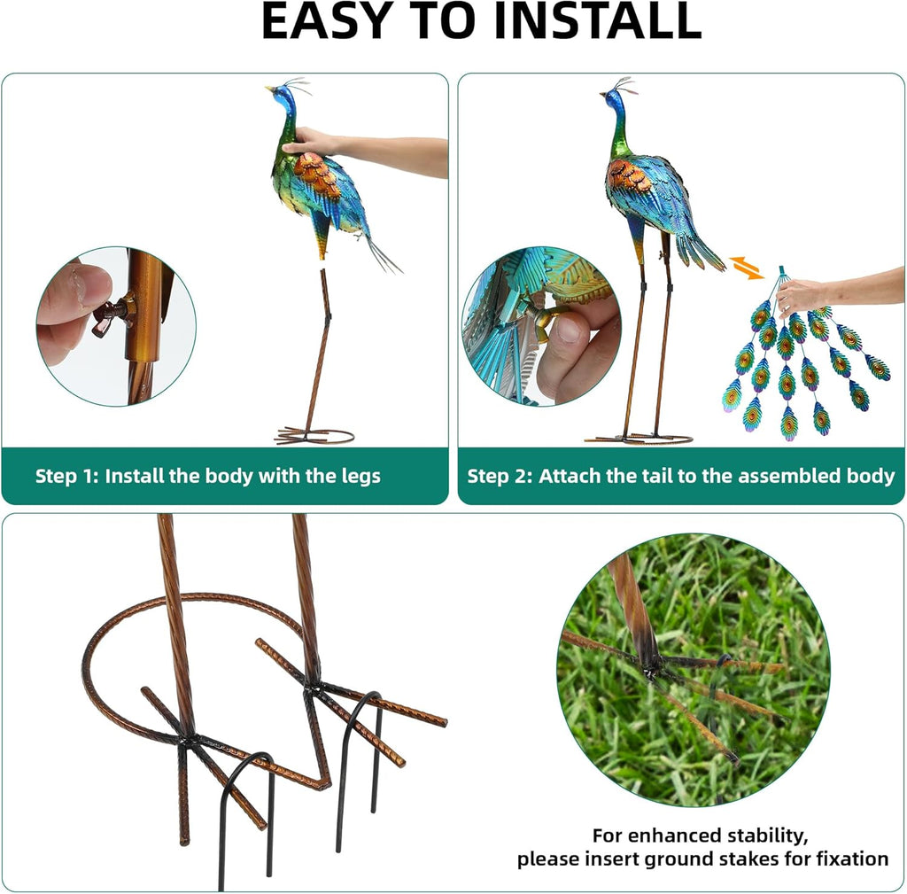 32" Metal Peacock Yard Decor - Handmade Oversize Peacock Sculptures with Stable Ground Stakes, Backyard Decoration, Metal Garden Art.