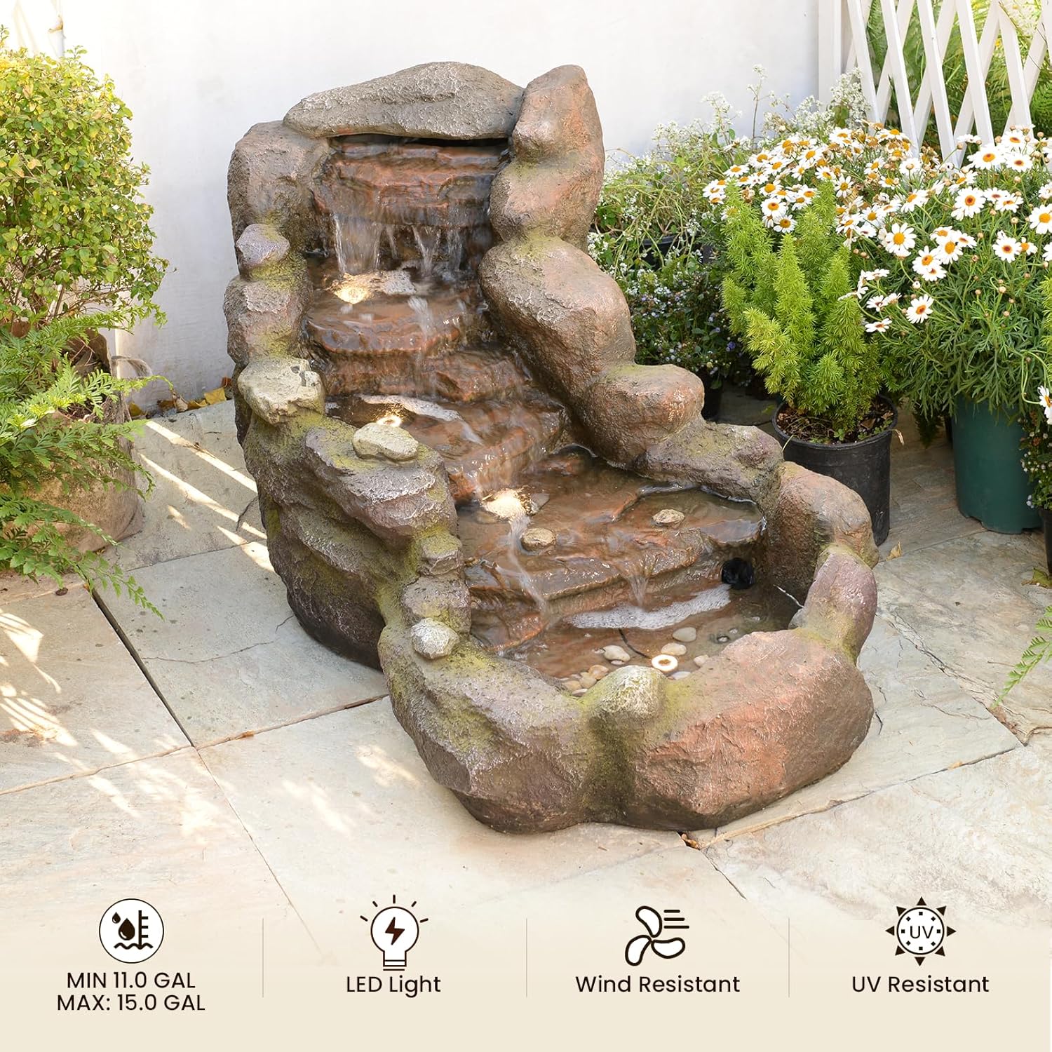 42 in Natural-Style Tier Garden Rock Water Fountain Outdoor, Floor-Standing Fountains That Feature Gentle Waterfall and LED Lights for Patio, Backyard, Deck, Porch, Home Décor