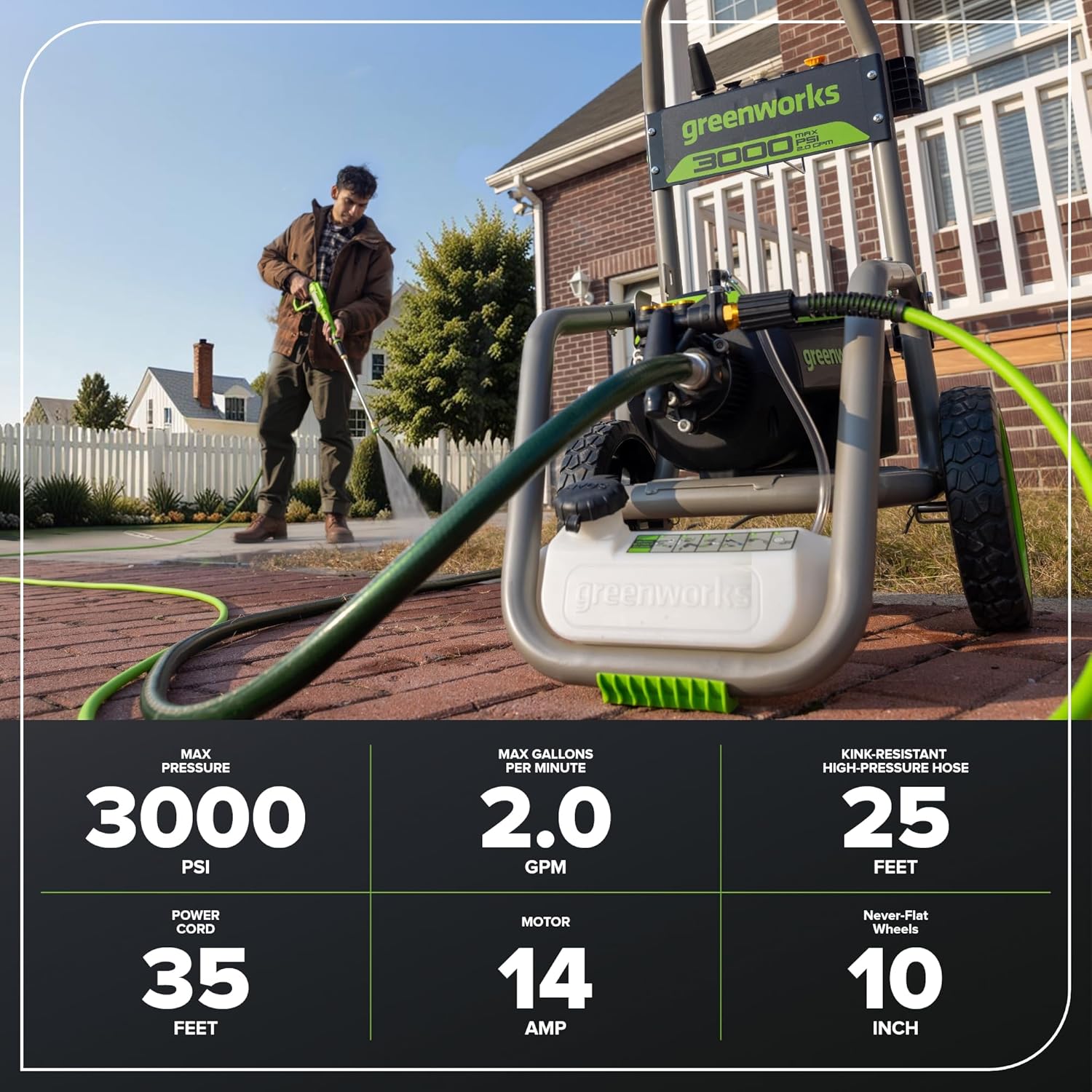Greenworks Pro Brushless 3000 PSI (CSA Certified) 2.0 GPM Max / 1.1 GPM Electric Pressure Washer (Foldable Handles, Rugged Steel Frame, 25 FT Hose, 35 FT GFCI Power Cord)
