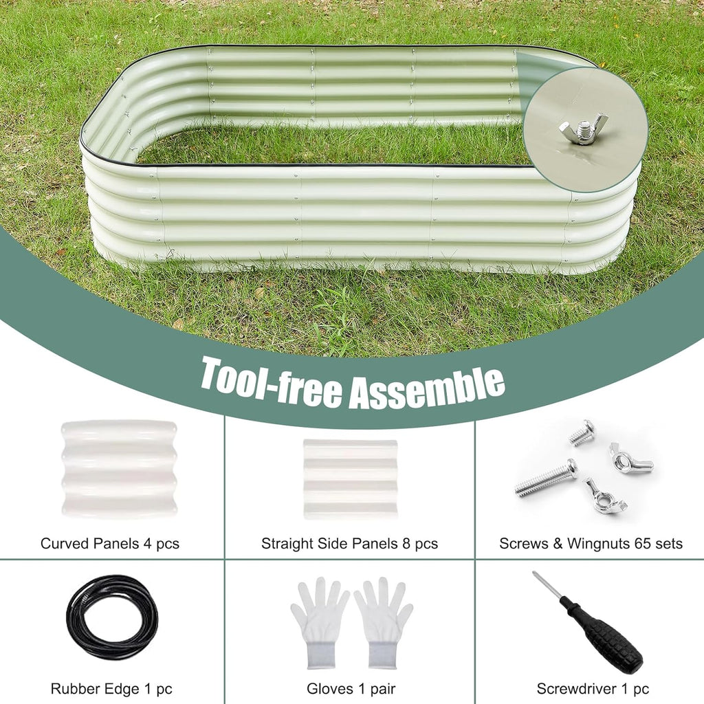 2Pcs 17" Tall Raised Galvanized Steel Garden Bed 8×2 ft Modular Planter for Gardening, Vegetables, Flowers Tall Oval Galvanized Metal 9-in-1 Raised Garden Beds Outdoor (Ivory White)