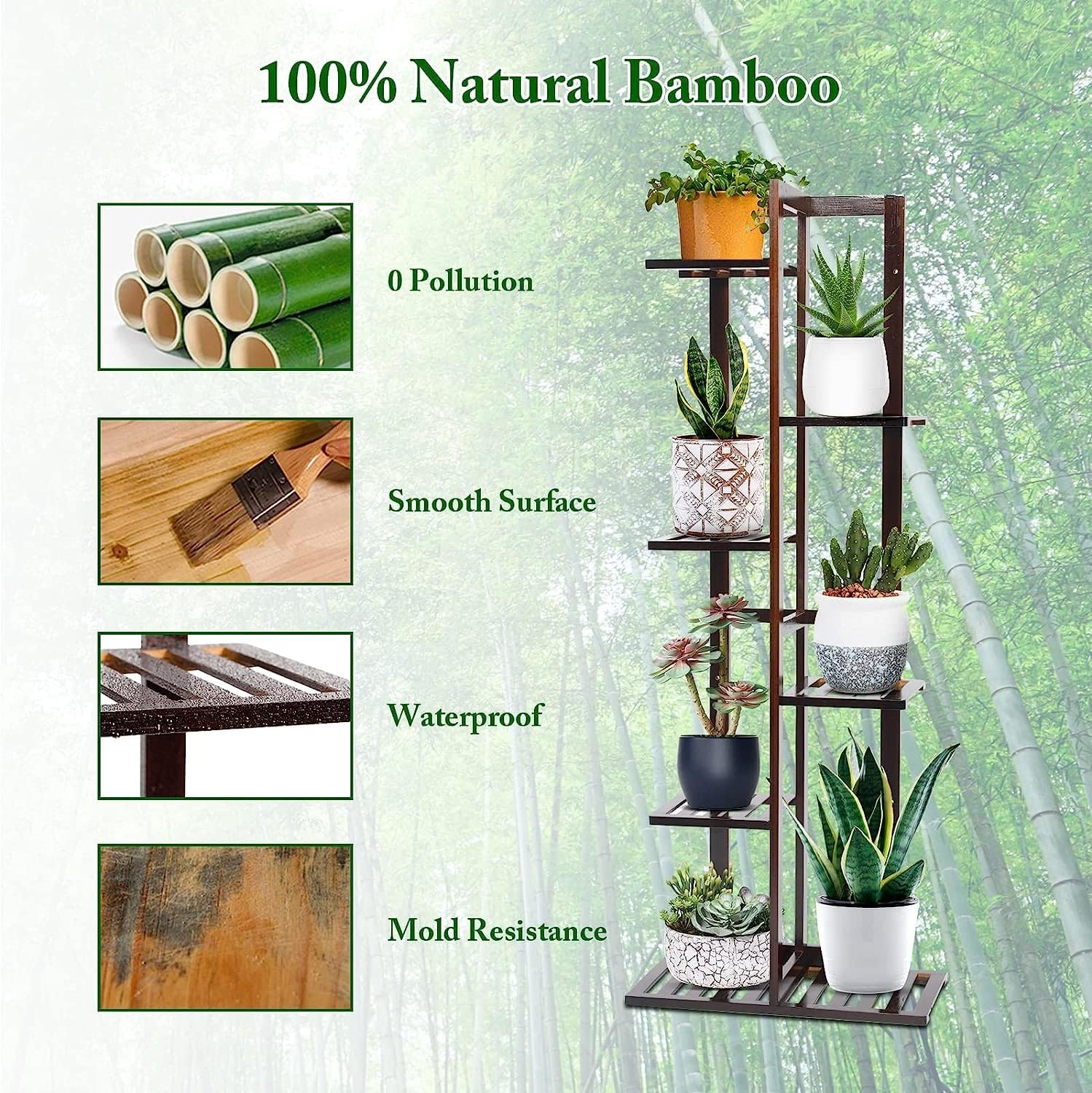 DolceLuna Plant Stand Indoor 6 Tier, Bamboo Plant Shelf Corner Display Rack, 46 Inch Tall Multiple Planter Pot Holder, Space-Saving Flower Stand for Living Room Balcony Garden Patio