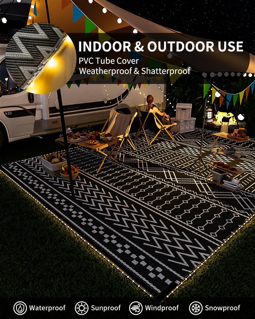 Outdoor Rug Carpet Waterproof 8x10 ft with LED Strip Lights-Patio Rug Mat Indoor Outdoor Rug for RV Camping Picnic Reversible Lightweight Plastic Straw Outside Rug for Patio Decor Decoration Boho Rug