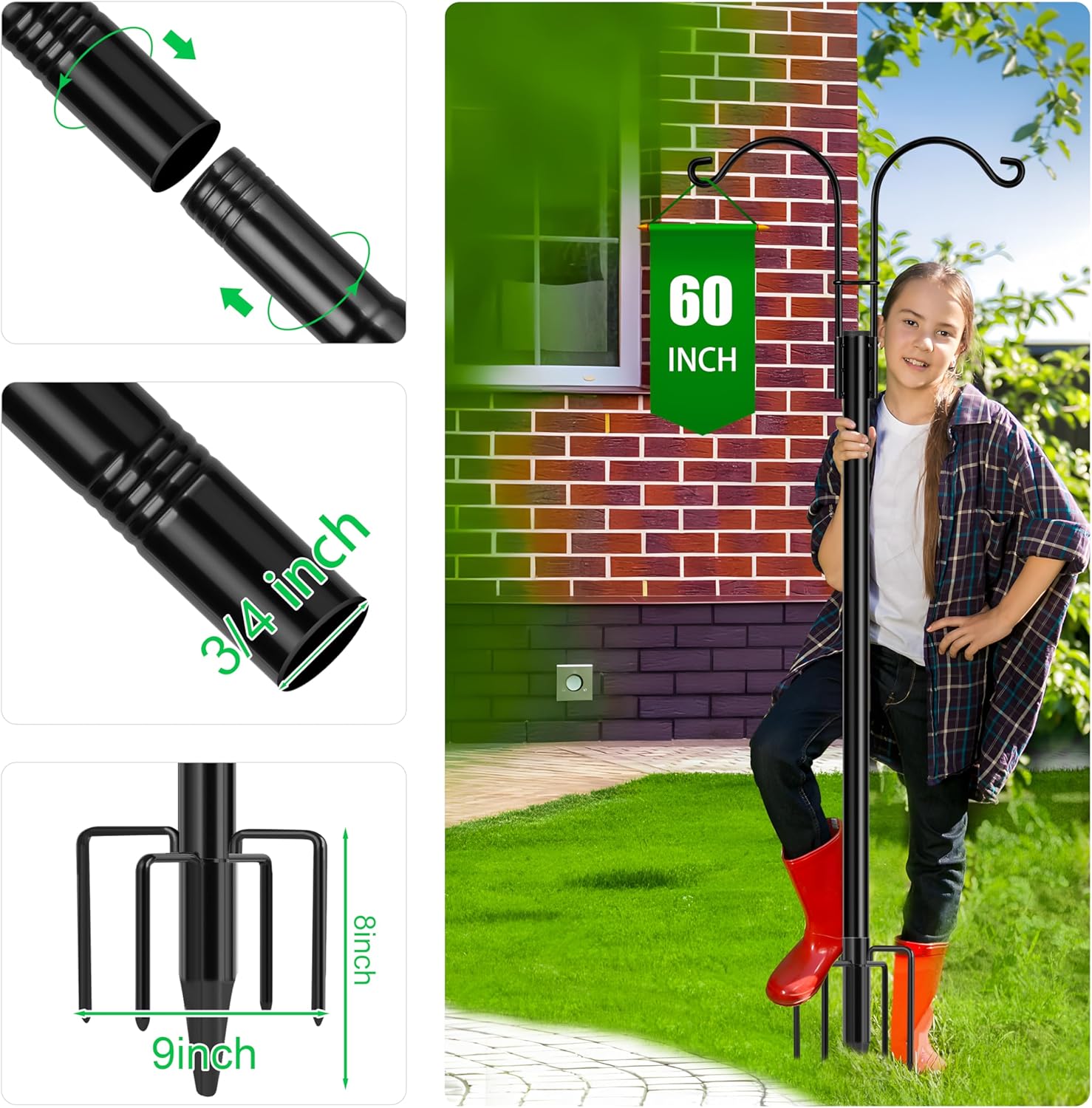 XDW-GIFTS Double Shepherds Hooks for Outdoor, 2-Pack Heavy Duty Garden Pole for Hanging Bird Feeder, Plant Baskets, Solar Light Lanterns, Garden Plant Hanger Stands with 5 Base Prongs