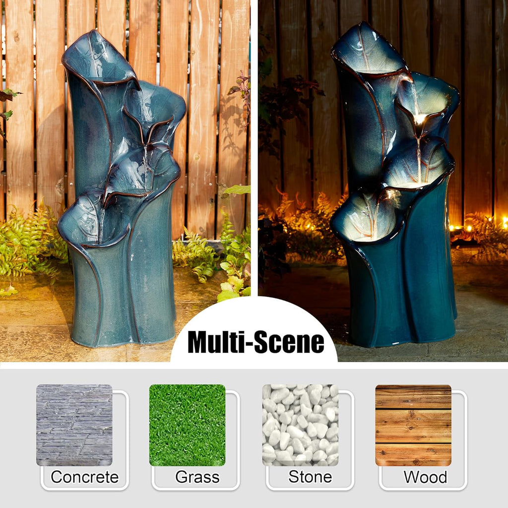 Glitzhome 31.25" H Outdoor Water Fountain with LED Lights and Pump, 4 Tier Turquoise Lotus Leaf Textured Ceramic Floor Standing Fountain, Vase Waterfall Fountains for Porch Deck Garden Patio Backyard