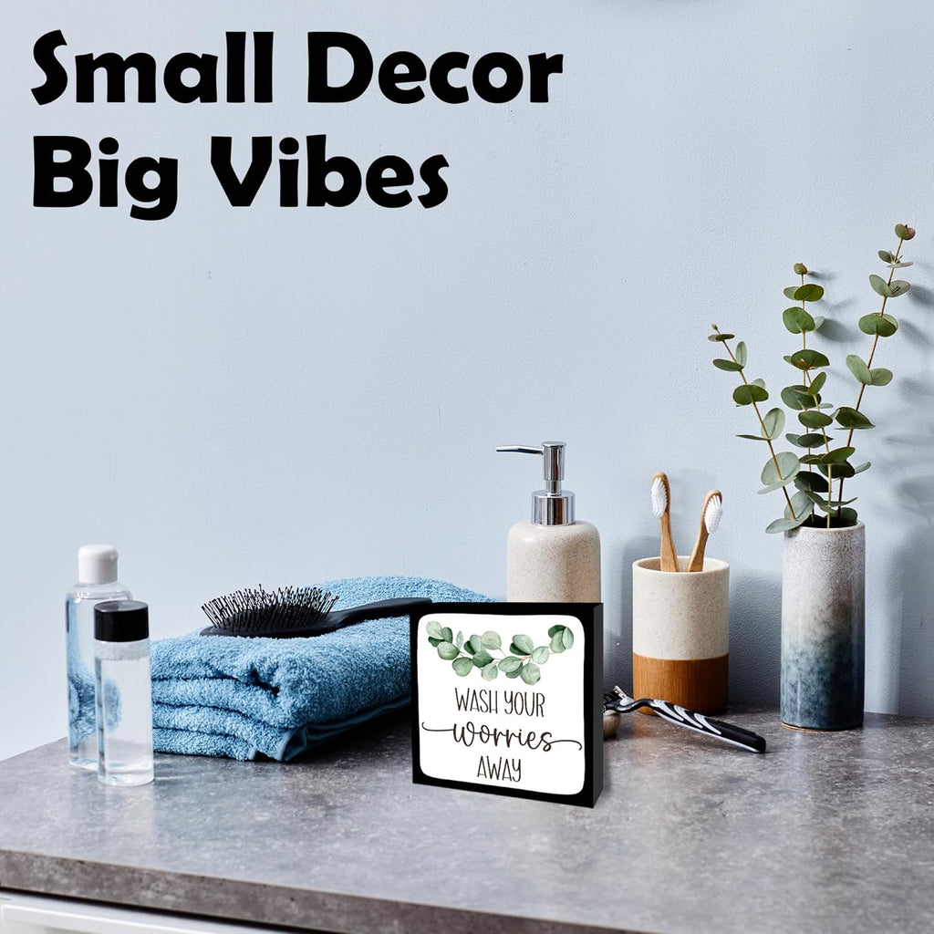 Wash Your Worries Away Wooden Block Sign - 5" Eucalyptus Leaves Wooden Plaque Tabletop Decor - Rustic Farmhouse Wood Sign Gifts For Friends Family Coworker- Bathroom Toilets Desk Decor & Supplies -B16