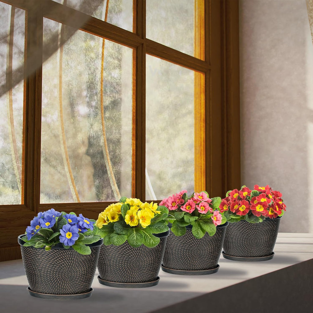 Quarut 4 Pack 6 Inch Flower Pots for Outdoor Indoor, Plastic Plant Pots with Drainage Hole & Saucer, Lightweight Small Flower Pot, Circle Pattern Planters for Garden House planters（Black Copper）