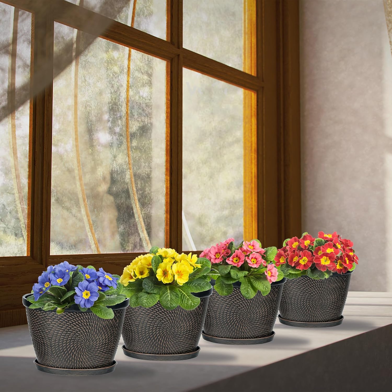 Quarut 4 Pack 6 Inch Flower Pots for Outdoor Indoor, Plastic Plant Pots with Drainage Hole & Saucer, Lightweight Small Flower Pot, Circle Pattern Planters for Garden House planters（Black Copper）