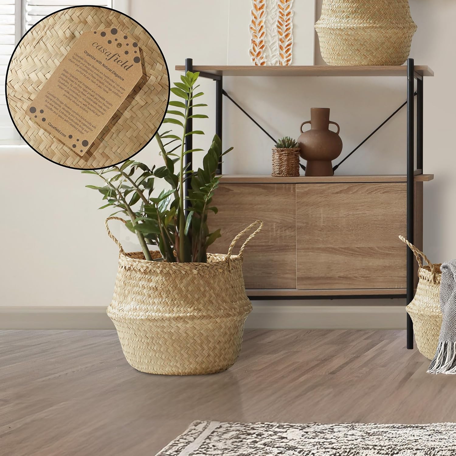 Casafield Seagrass Belly Storage Basket Planter with Handles - Large, Natural Woven Wicker Indoor Plant Pot Cover for Plants and Trees