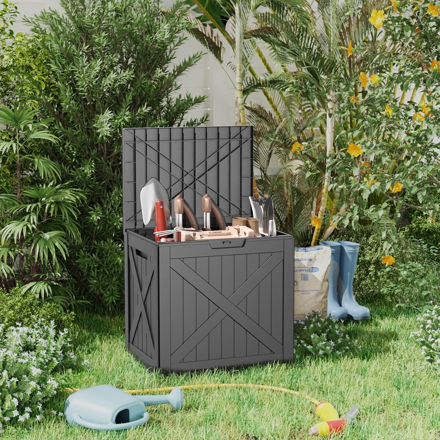 32 Gallon Resin Deck Box, Lockable Outdoor Storage Box for Patio Cushions Storage Furniture,Garden Tools, Pool Supplies, Weatherproof and UV Resistant（Black X）