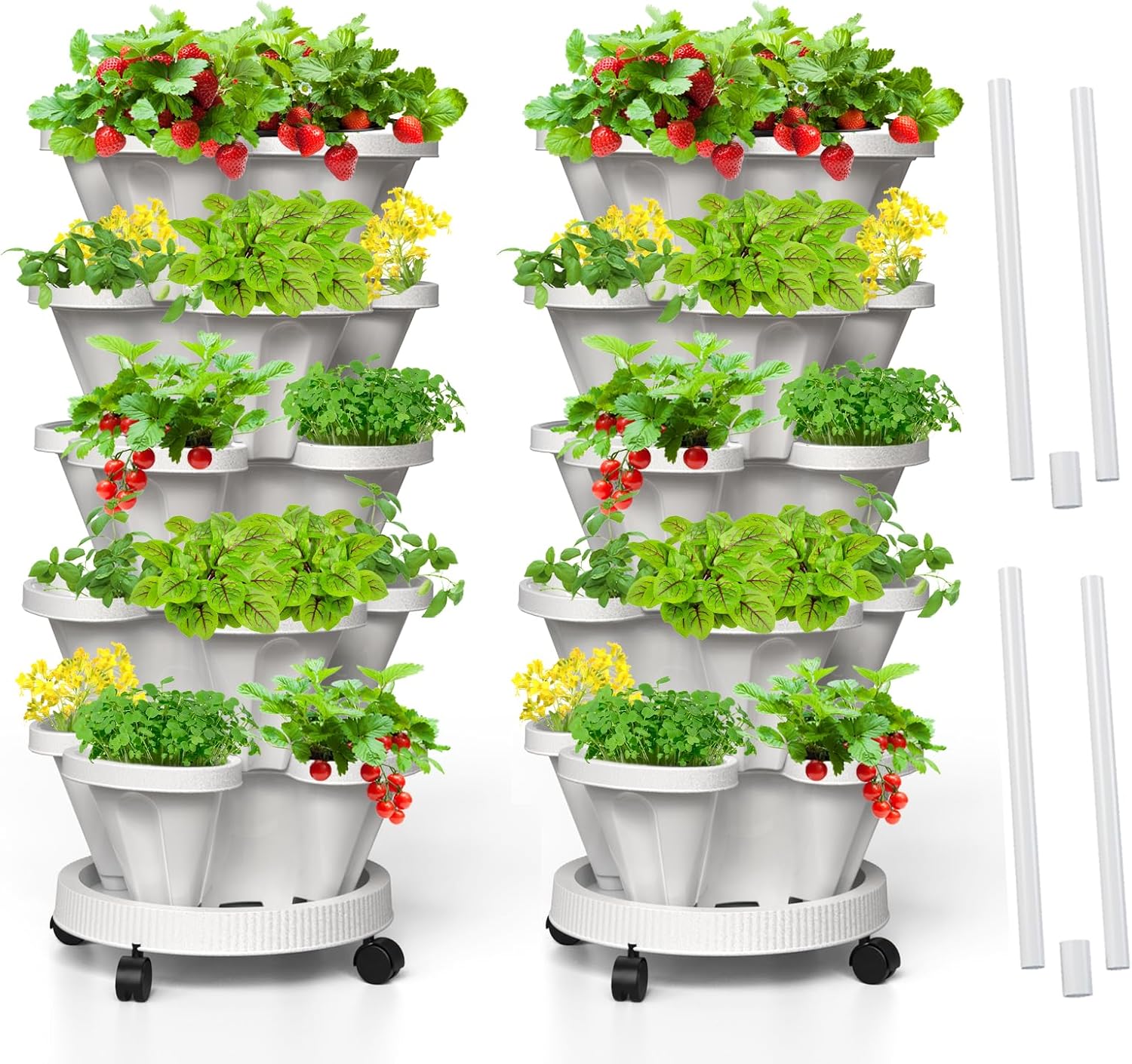 Strawberry Vertical Planter, 5 Tiered Stacking Garden Tower, Stackable Herb Vegetable Planters with Support Pole Indoor and Outdoor - White