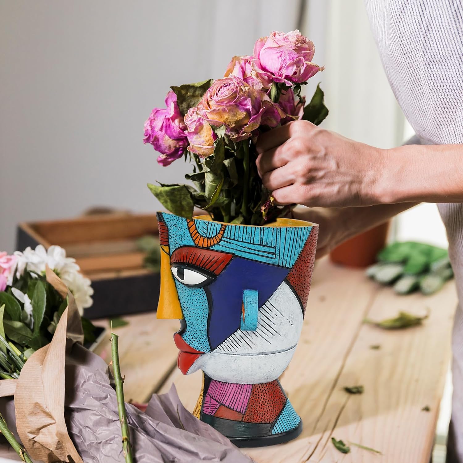 Abstract Face Planters Pots Head 7.8 Inch with Drainage - Decorative Plant Pots Retro Rainbow Design, Cute Unique Planter for Succulents/Snake Plants/Cactus Indoor & Outdoor