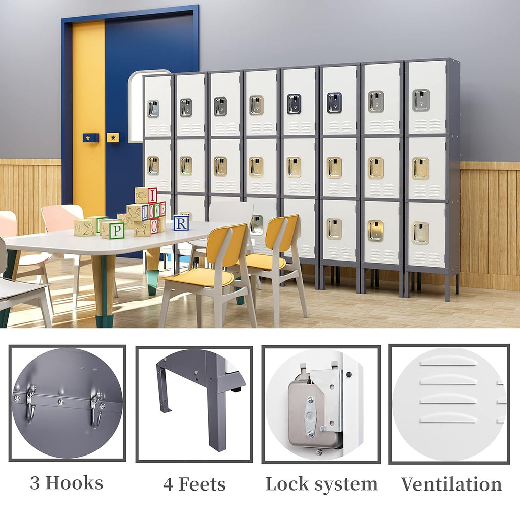 Yizosh Metal Lockers for Employees with Lock, Employees Locker Storage Cabinet with 1 Doors, Tall Steel Storage Locker for Gym, School, Office (Gray White, 3 Door)