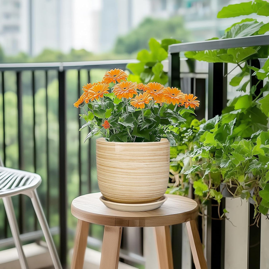 Ceramic Planter for Indoor Plants 7 Inch - Cylinder Modern Indoor Plant Pot with Drainage Hole and Saucer, Home Patio Office Bathroom Decor, Yellow