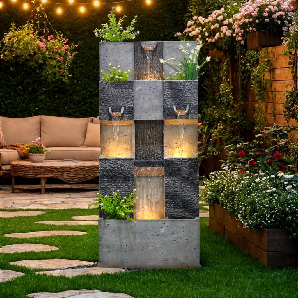 44.8" H Modern Outdoor Water Fountain with LED Lights and Pump, Mutiply-Tier Standing Cascading Waterfall - Modern Design for Garden,Patio,Yard, Multi-Level Outdoor Decor (Gray)
