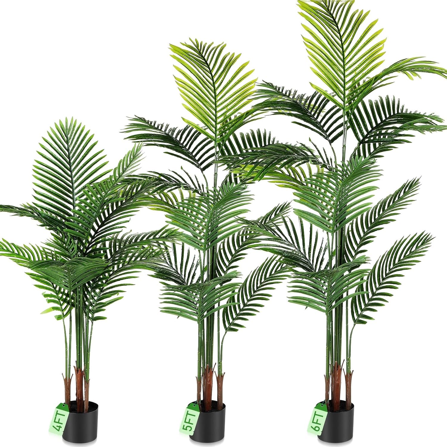 Jexine 3 Pack Artificial Areca Palm Plant Fake Palm Tree, Faux Plant for Home Decor Indoor Outdoor Faux Areca Palm Tree in Pot for Home Office Housewarming Gift Modern Decoration (4 Ft,5 Ft,6 ft)