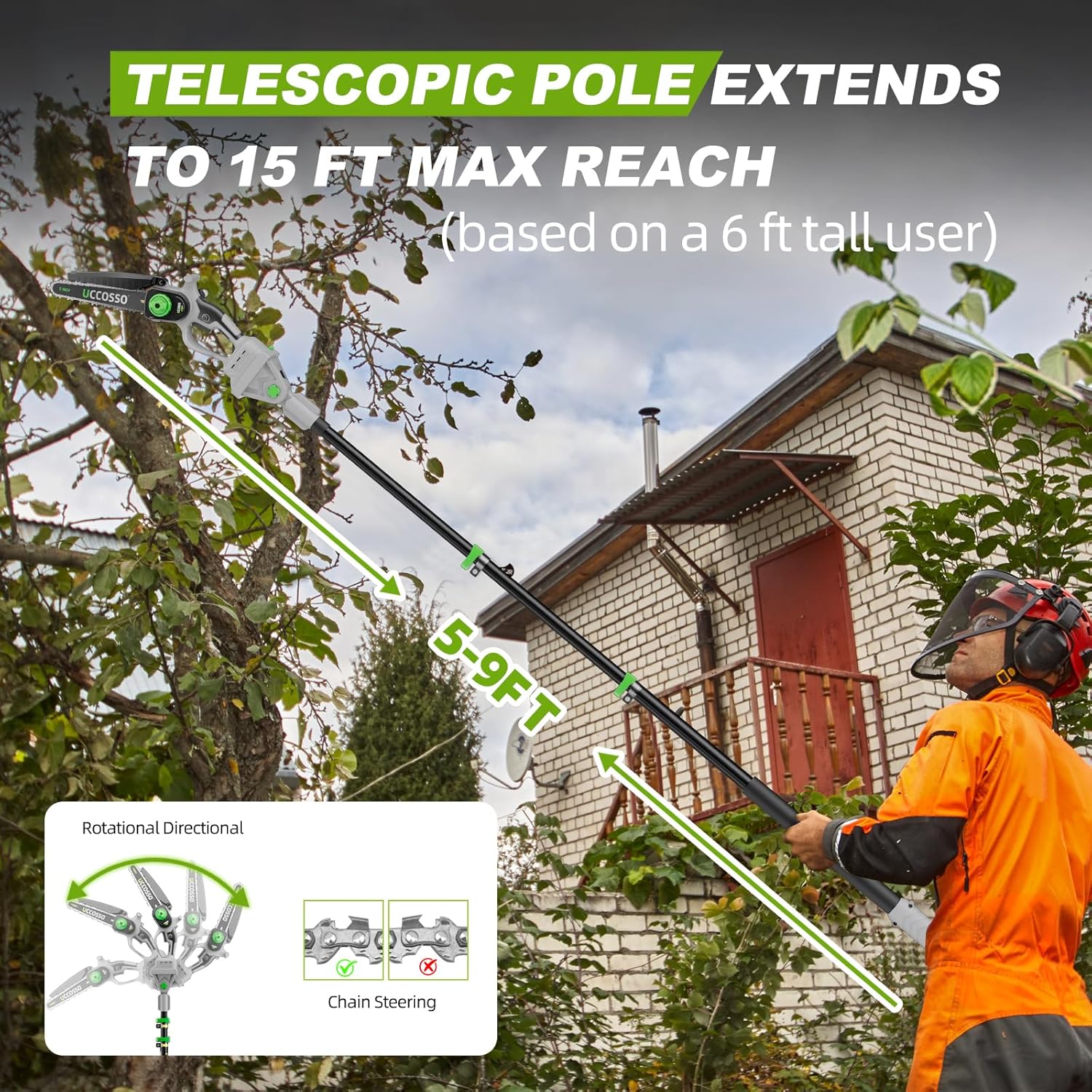 3-in-1 Electric Pole Saws for Tree Trimming 6&8" Mini Chainsaw Cordless with Extension Pole, 850W Brushless Motor,Auto Oiling,Total Reach of Max 15ft, Pole Saw for Home & Garden & DIY