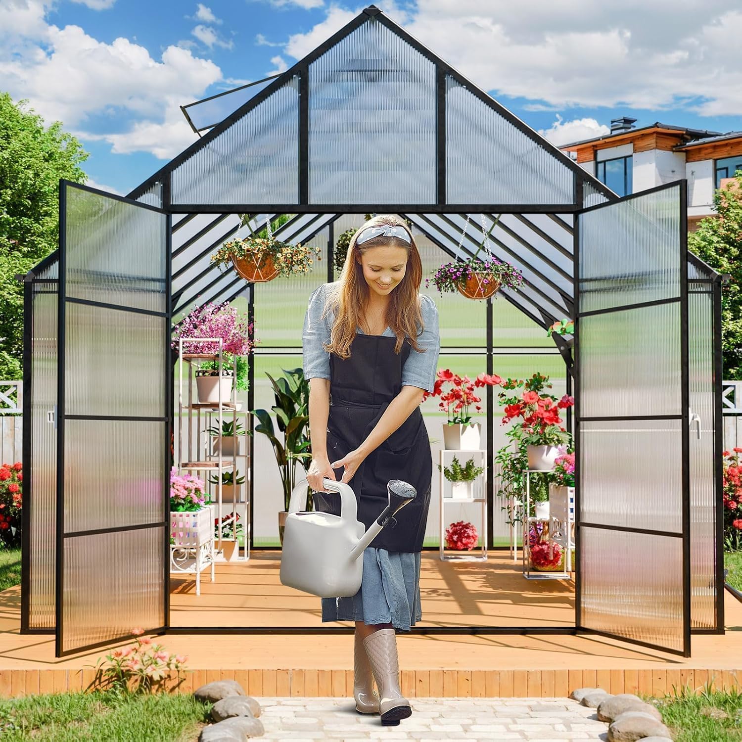 10x16 FT Greenhouse for Outdoor, Large Easy Assembly Heavy Duty Polycarbonate Panels Aluminum Frame Walk-in Green House with 3 Windows Wider Door for Garden Plants